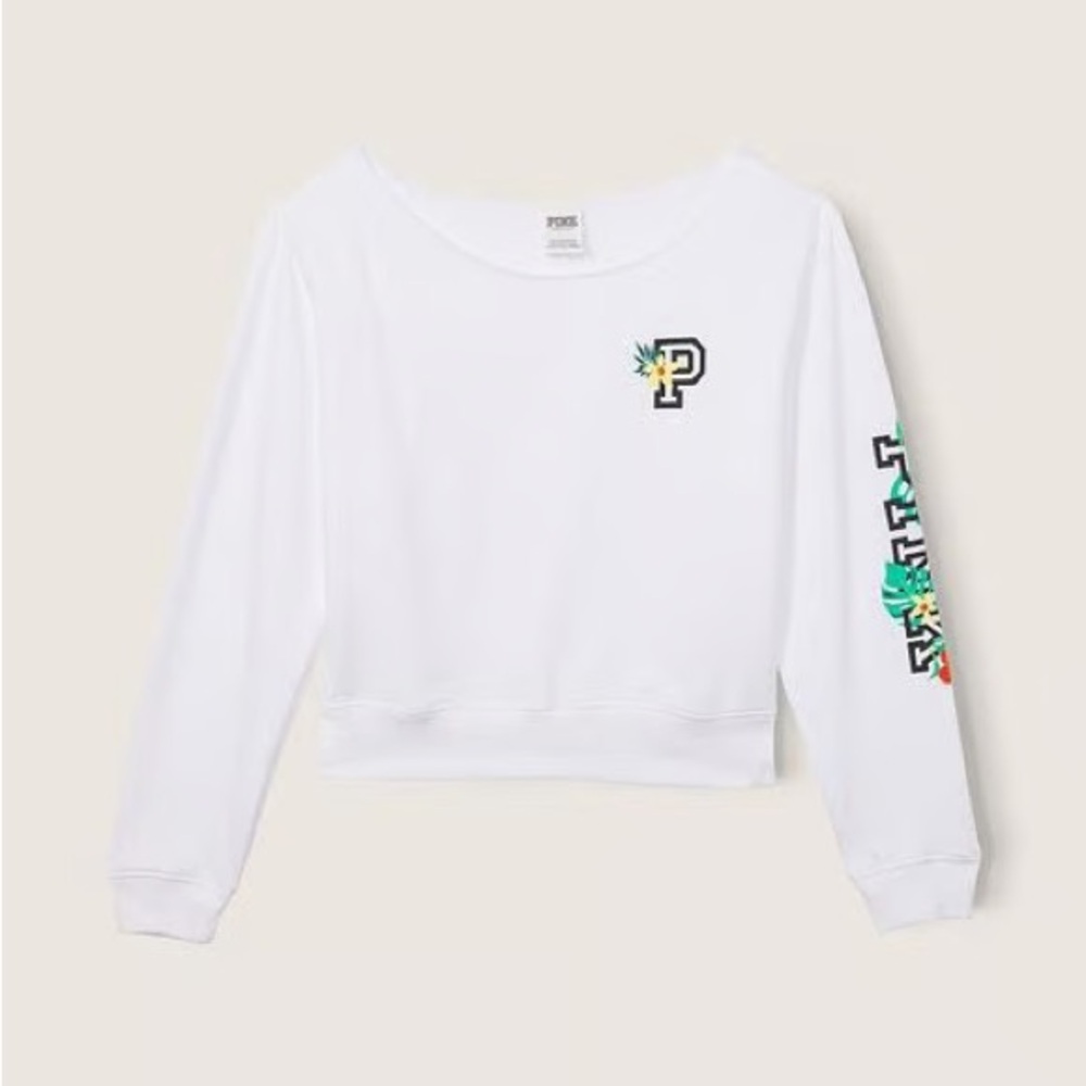 Victorias Secret Pink Lounge Crop Crew Sweater White Tropical Size Small